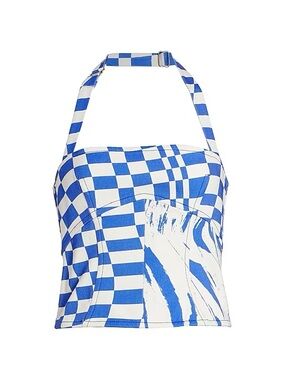 Christopher John Rogers Blue and White Wave & Check Denim Halter Top Size 8 NWT